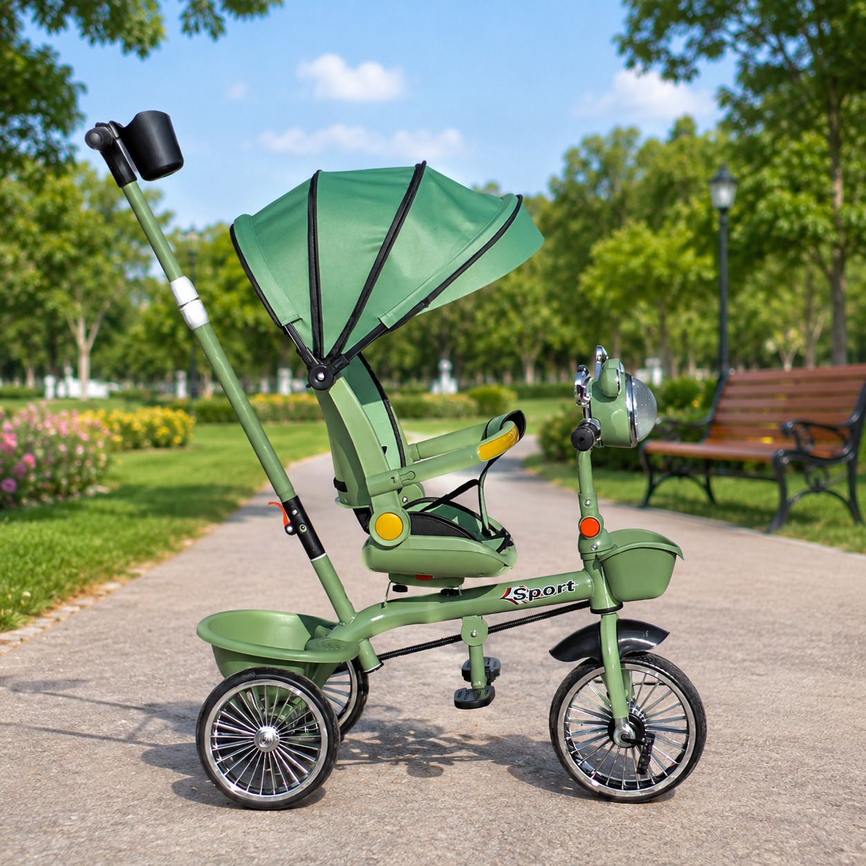 kids tricycle with lights,canopy and control handle